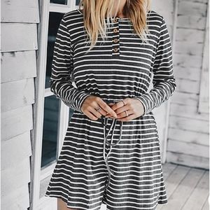 Charcoal Gray Striped Longsleeve Ribbed Romper